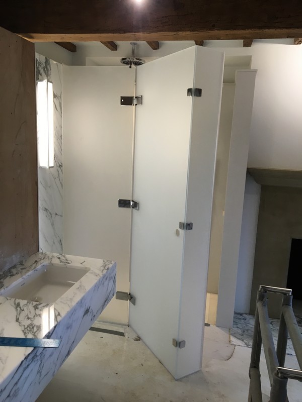 Bespoke frosted glass shower enclosure in Brentford luxury bathroom